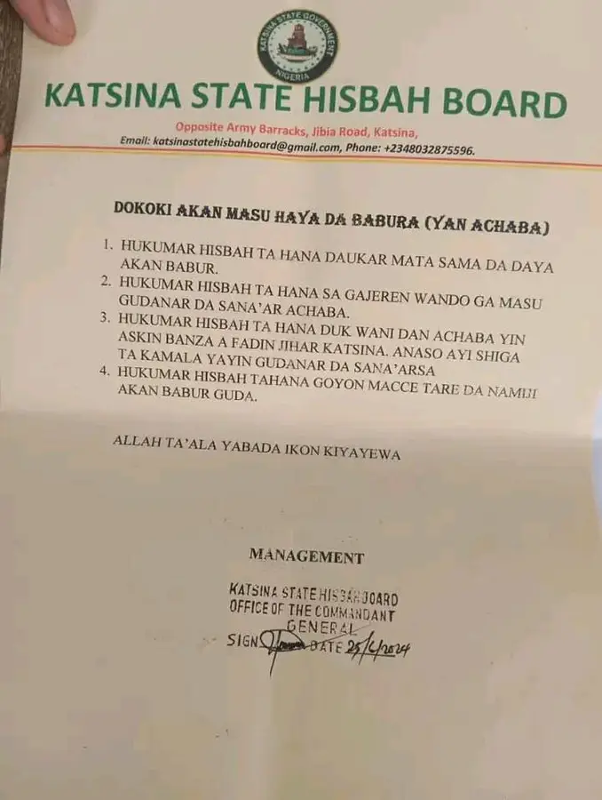 Hukumar Hisba ta Katsina ta hana daukar mata sama da daya akan babura